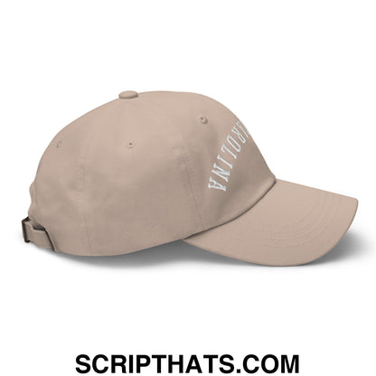 Beige unstructured dad hat with white embroidered norton text on the side from upside down south carolina collection