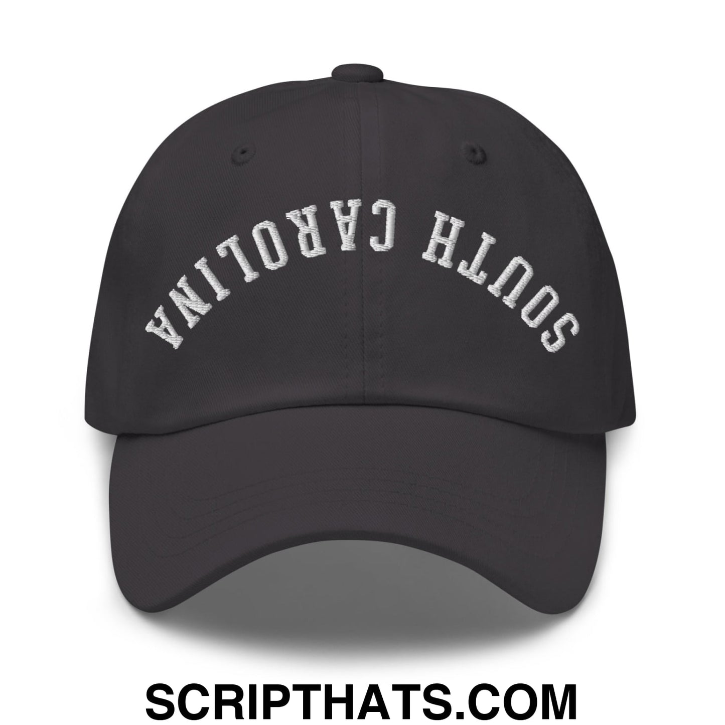 Black unstructured dad hat with white embroidered south carolina arch on front featuring upside down design