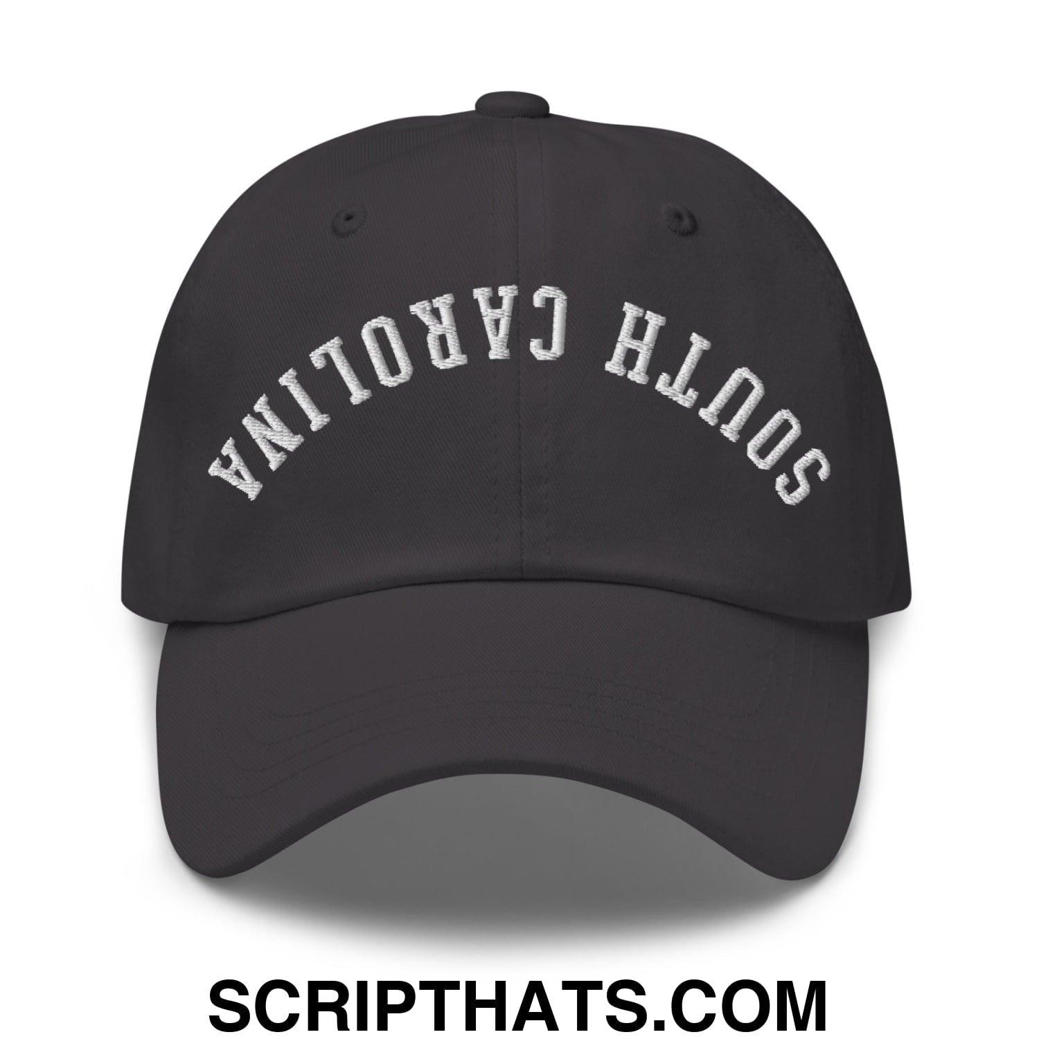 Black unstructured dad hat with white embroidered south carolina arch on front featuring upside down design