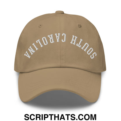 Beige unstructured dad hat with white embroidered south carolina arch on front titled upside down south carolina hat