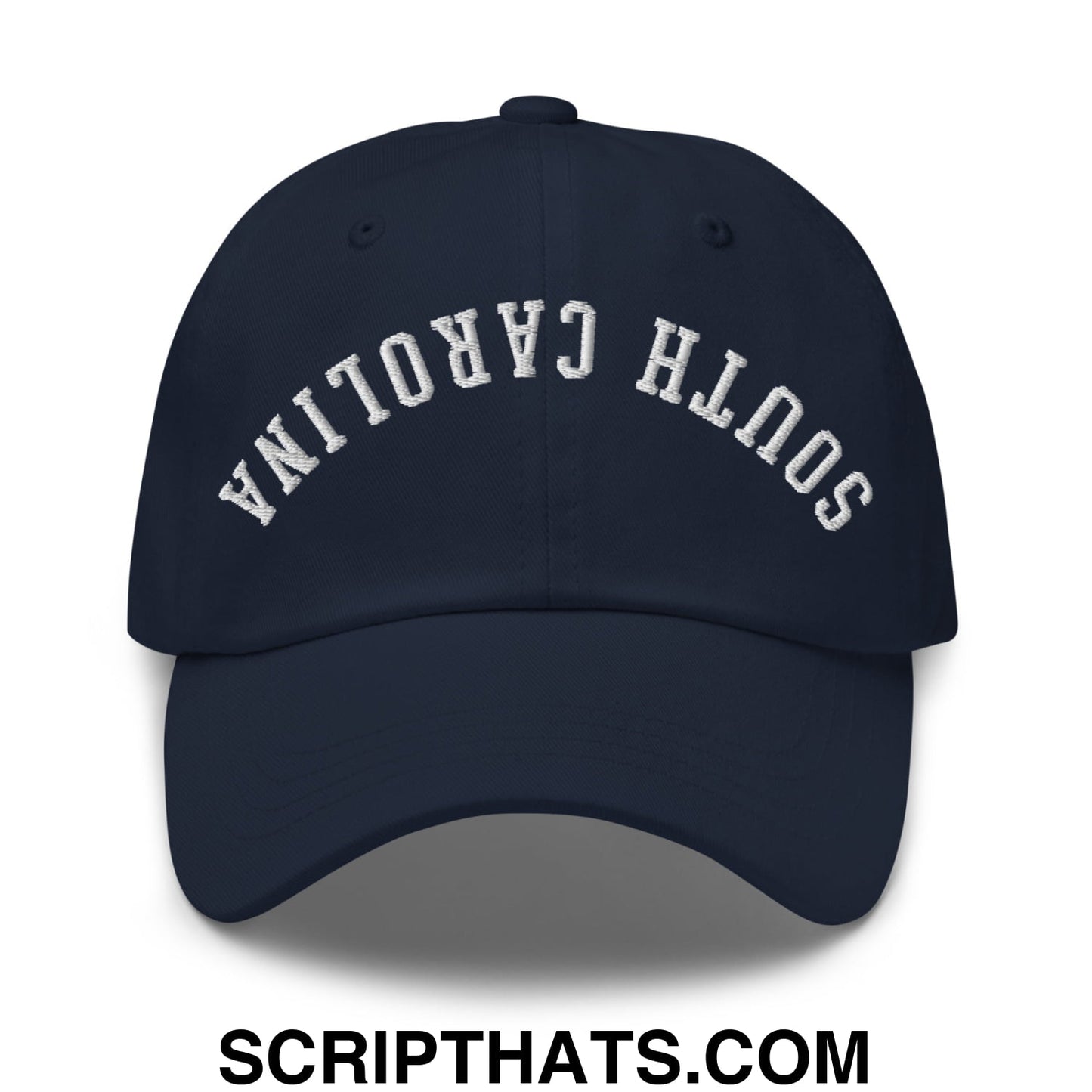 Navy blue unstructured dad hat with white embroidered south carolina arch on front titled upside down south carolina hat