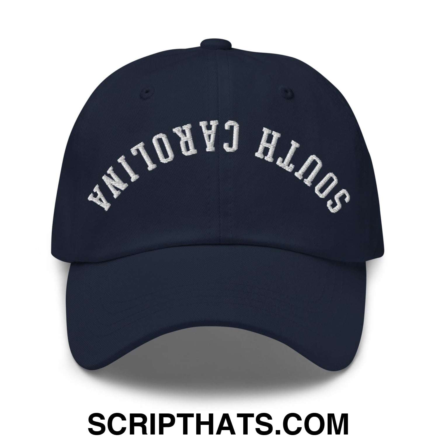 Navy blue unstructured dad hat with white embroidered south carolina arch on front titled upside down south carolina hat