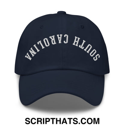 Navy blue unstructured dad hat with white embroidered south carolina arch on front titled upside down south carolina hat