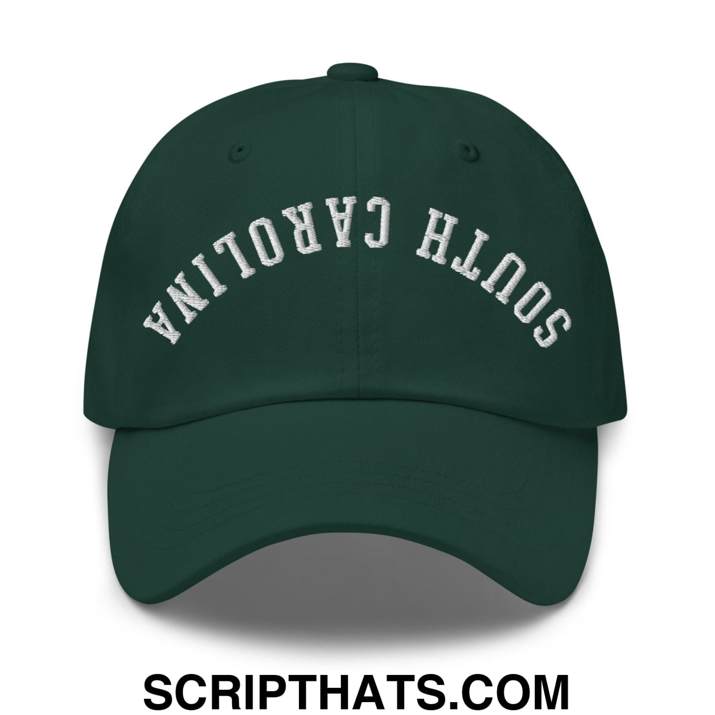 Dark green unstructured dad hat with white embroidered south carolina arch on front made of soft fabric