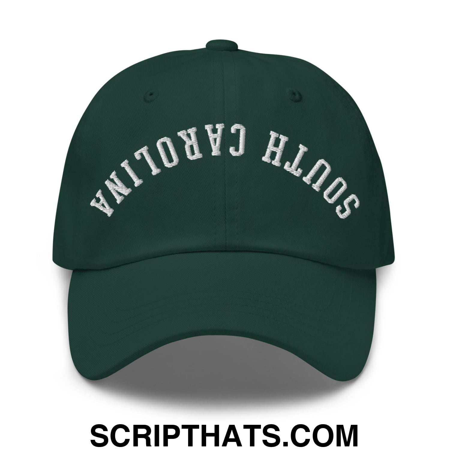 Dark green unstructured dad hat with white embroidered south carolina arch on front made of soft fabric