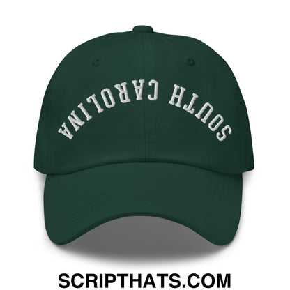 Dark green unstructured dad hat with white embroidered south carolina arch on front made of soft fabric