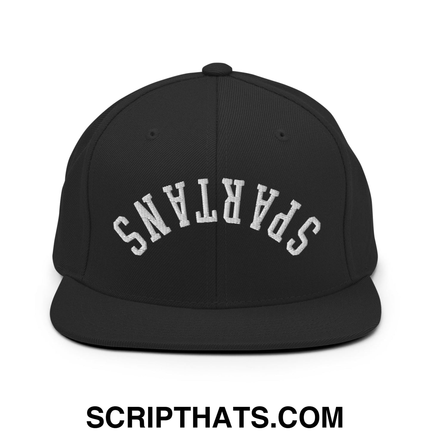 Black flat bill snapback hat with white embroidered upside down spartans lettering on the front