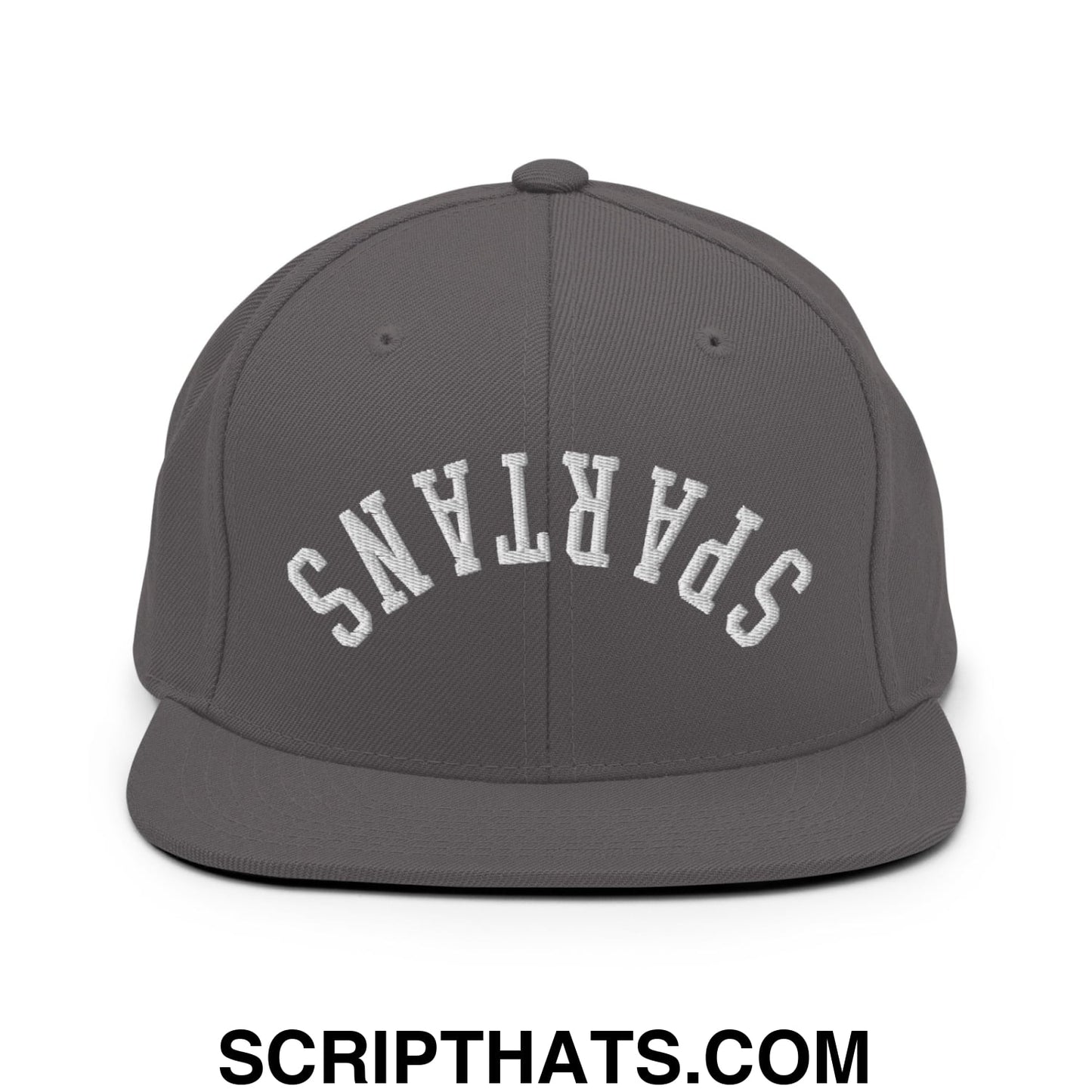 Gray snapback cap with white embroidered spartans lettering in arched design and flat bill brim