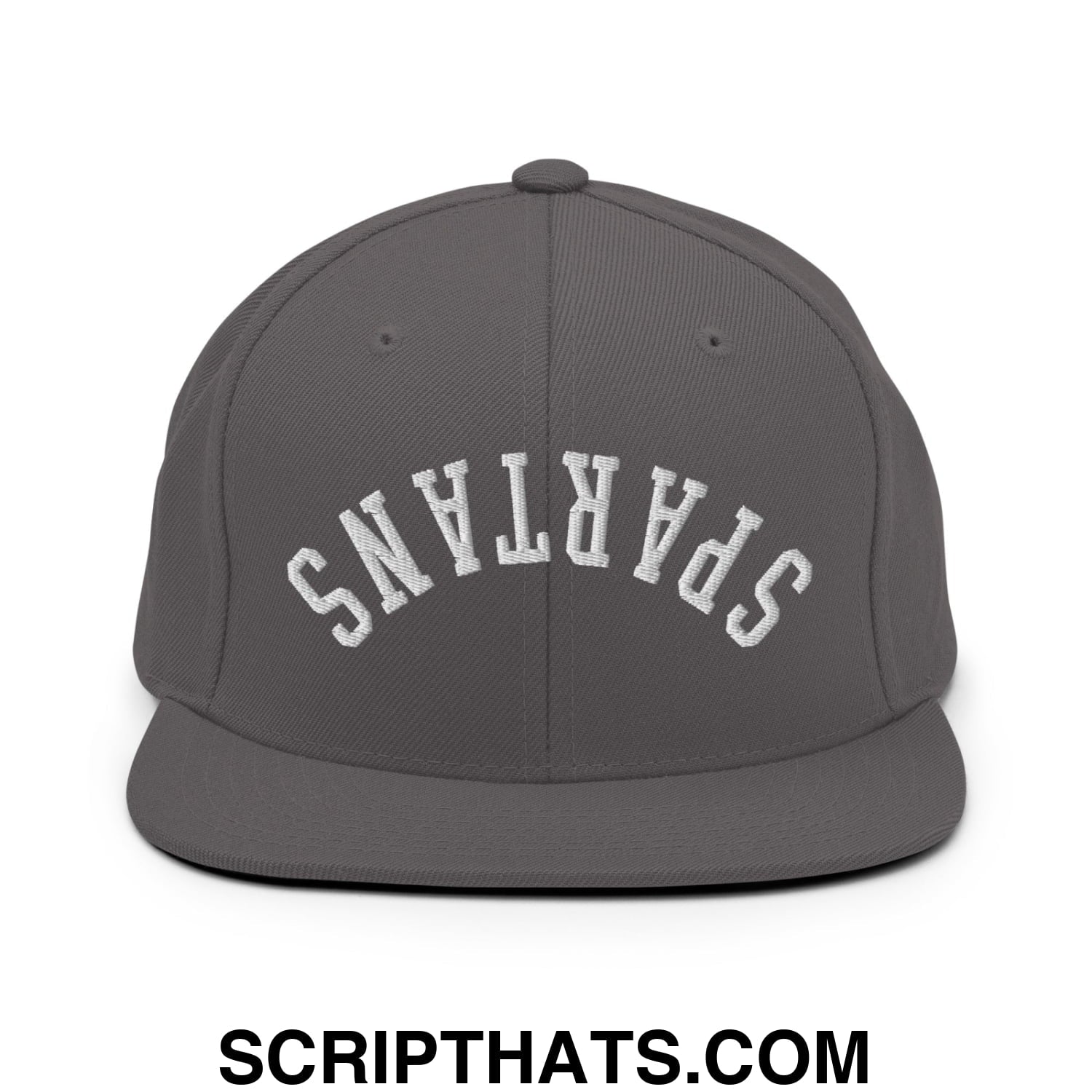 Gray snapback cap with white embroidered spartans lettering in arched design and flat bill brim