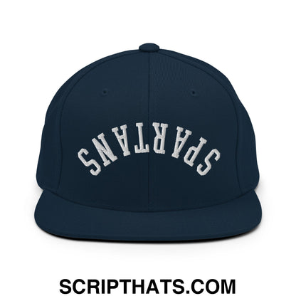 Navy blue snapback hat with white embroidered spartans lettering and flat bill brim for casual wear