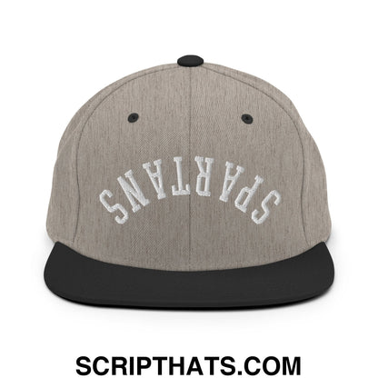 Gray and black snapback hat with spartans embroidered in white arched lettering and flat bill brim