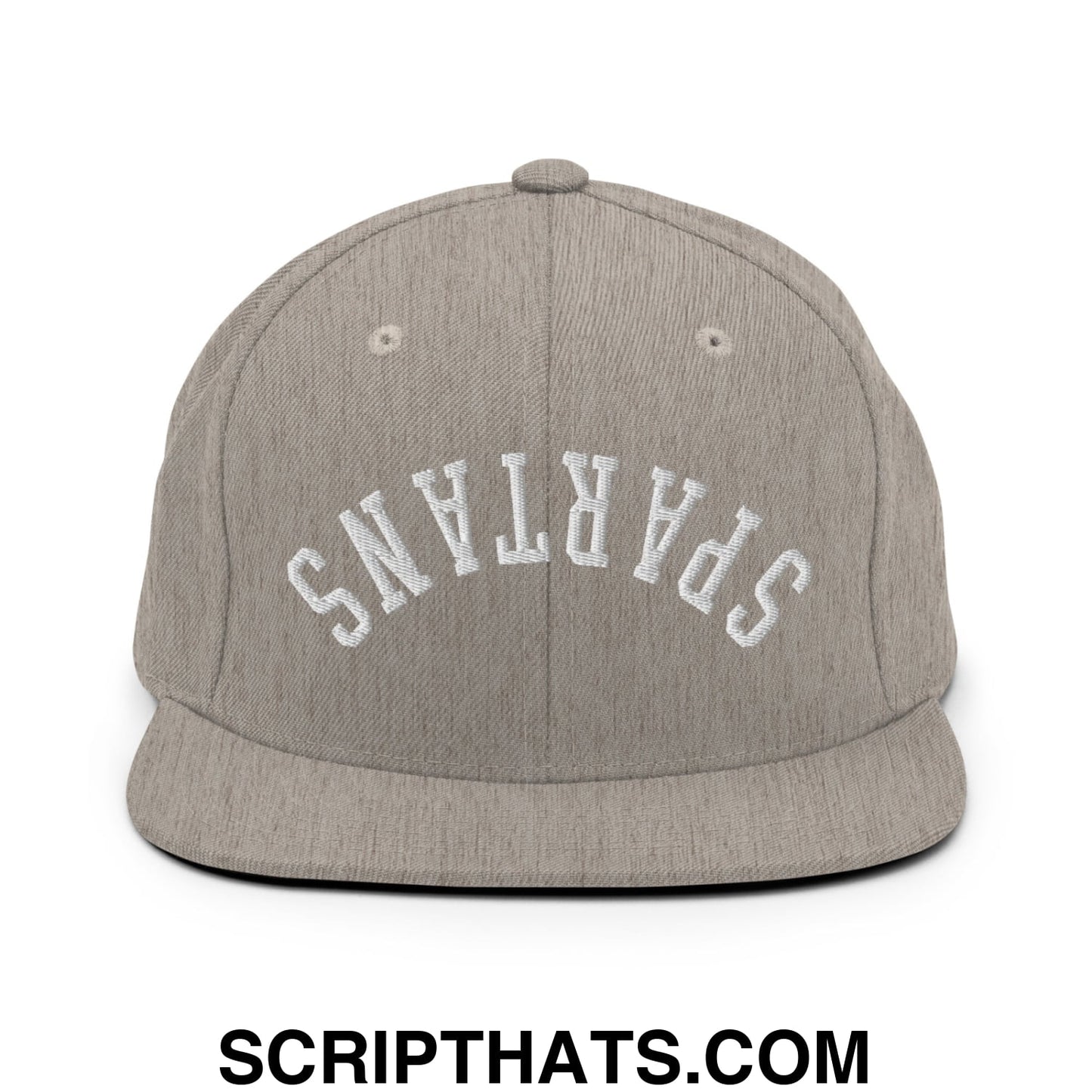 Gray heather snapback cap with white embroidered spartans lettering and flat bill brim in upside down design