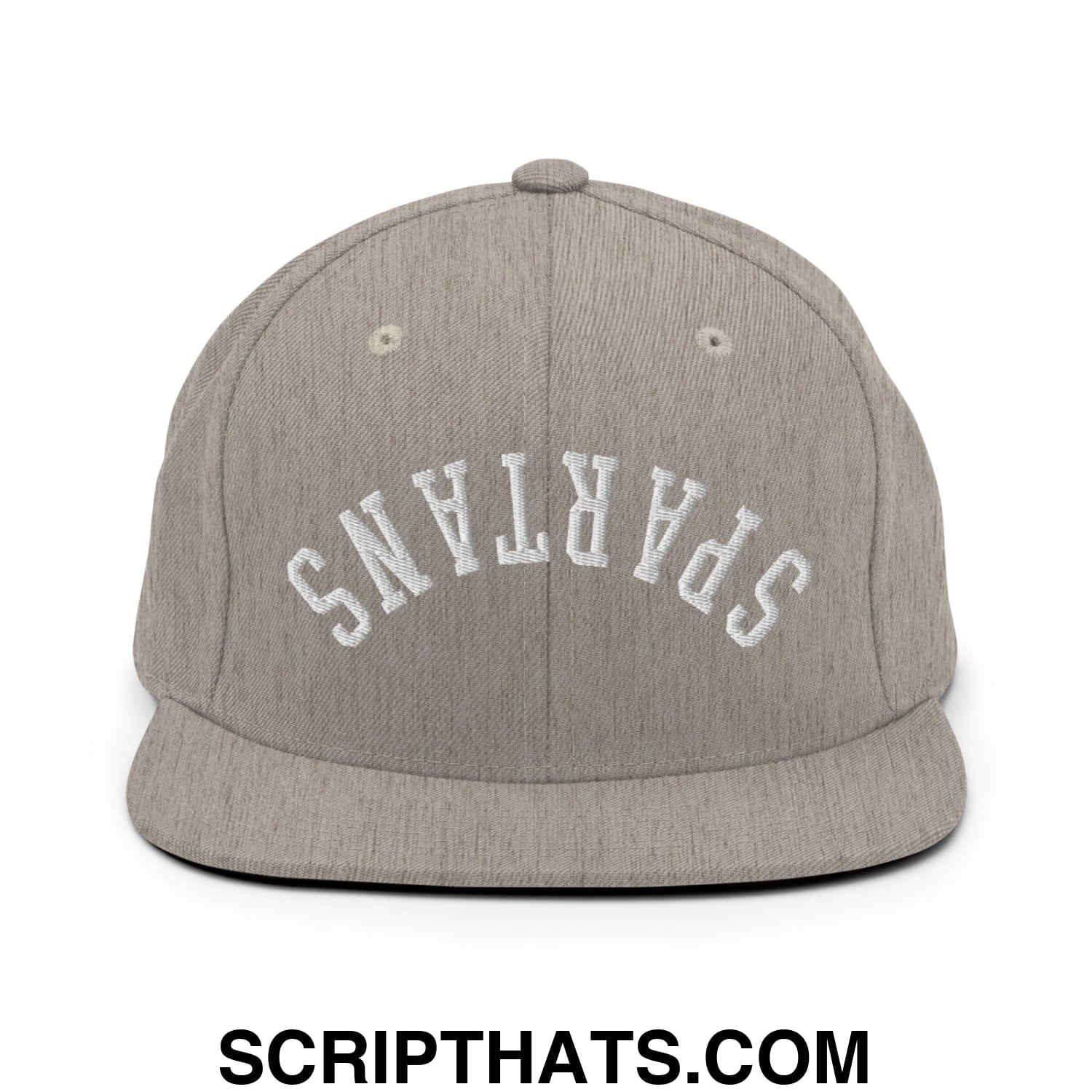 Gray heather snapback cap with white embroidered spartans lettering and flat bill brim in upside down design