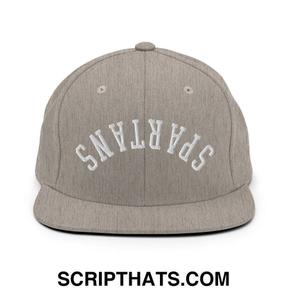 Gray heather snapback cap with white embroidered spartans lettering and flat bill brim in upside down design