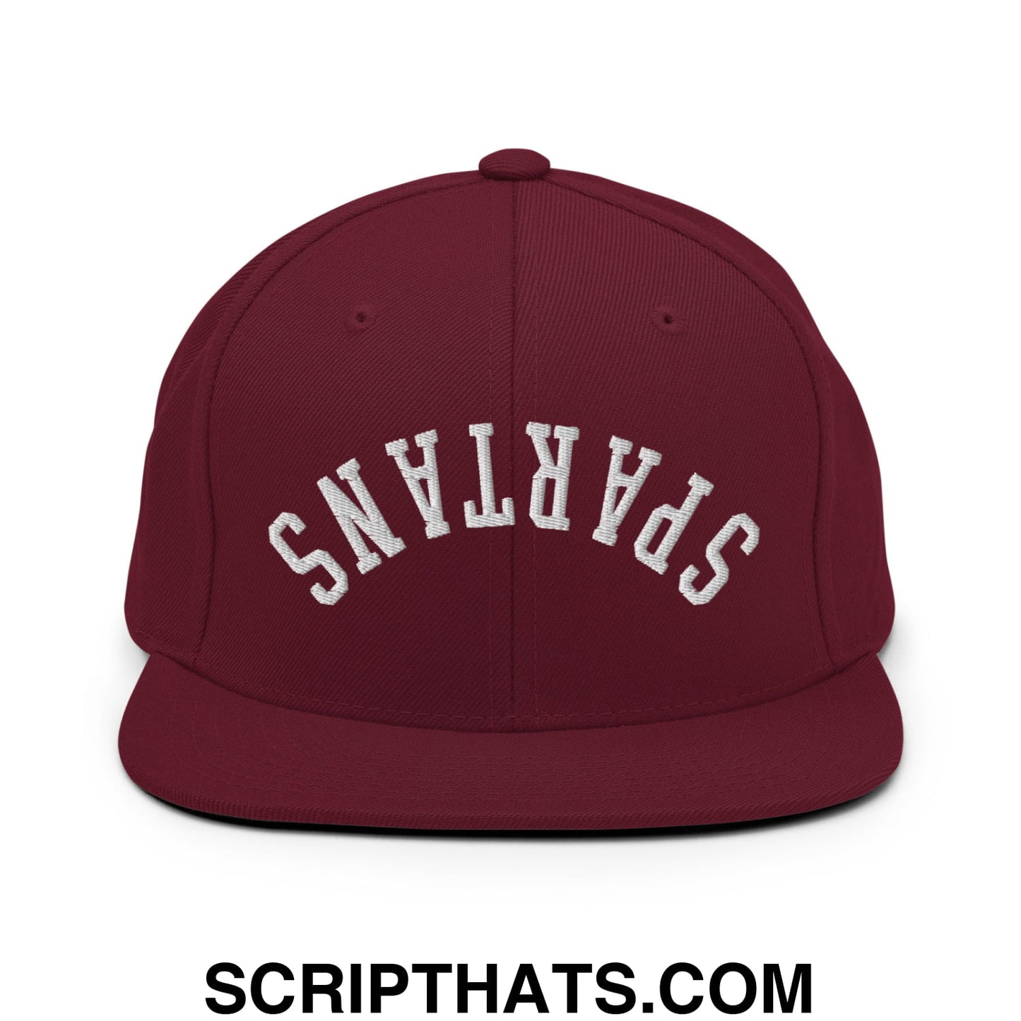 Maroon flat bill snapback hat with white embroidered spartans lettering in an arched design for casual wear
