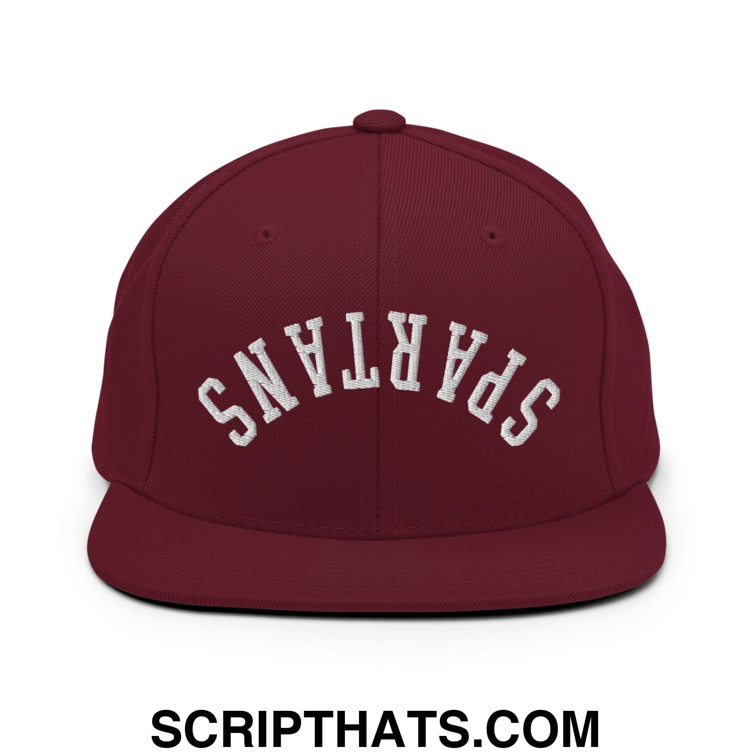 Maroon flat bill snapback hat with white embroidered spartans lettering in an arched design for casual wear