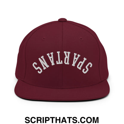 Maroon flat bill snapback hat with white embroidered spartans lettering in an arched design for casual wear
