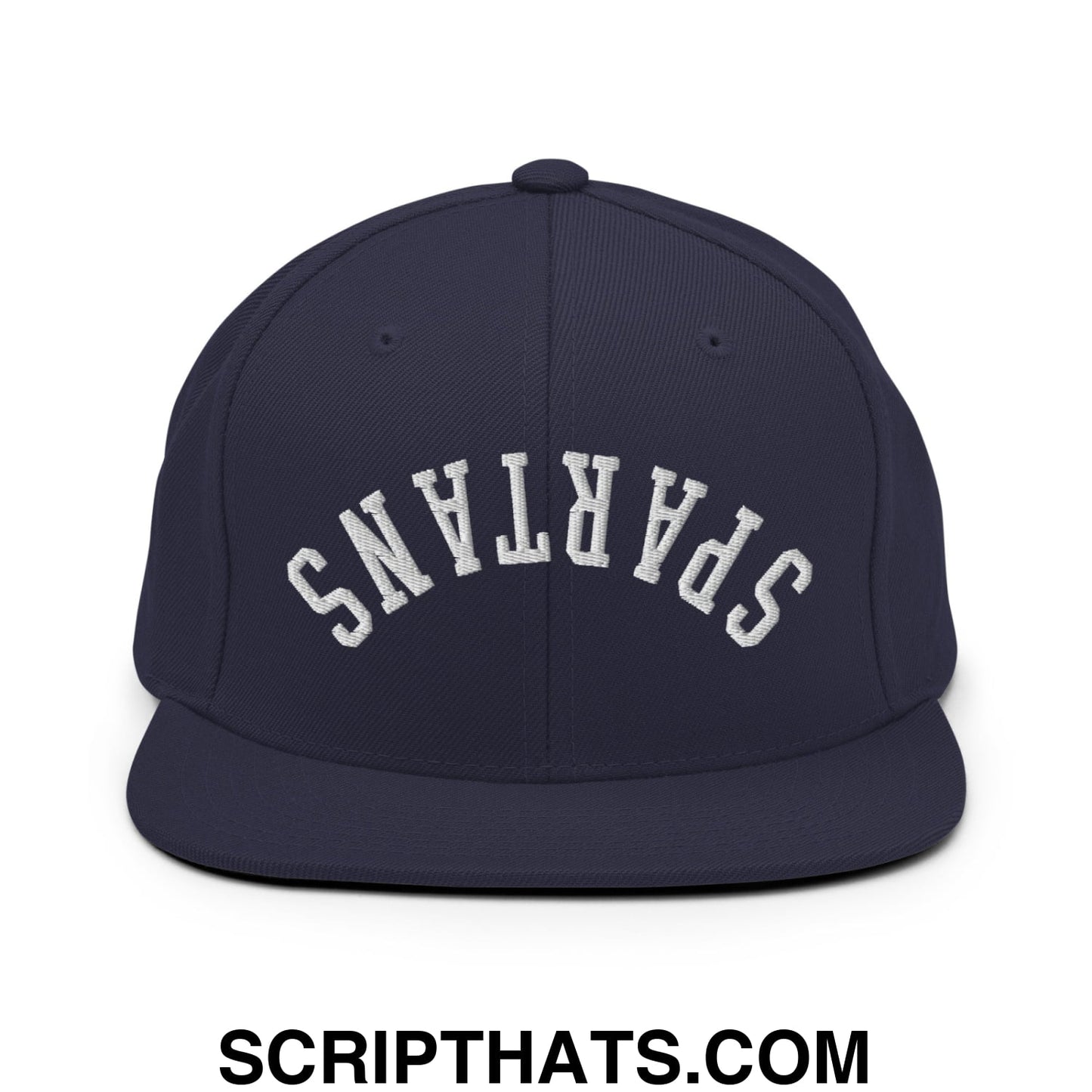Navy blue snapback hat with white embroidered spartans lettering and flat bill brim in upside down design