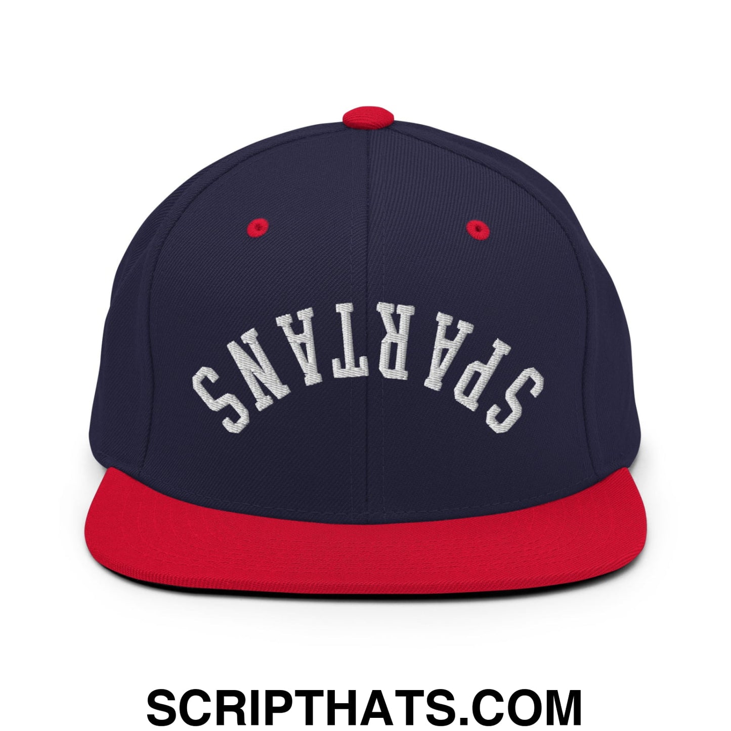 Navy blue and red snapback hat with white embroidered spartans lettering and flat bill brim design