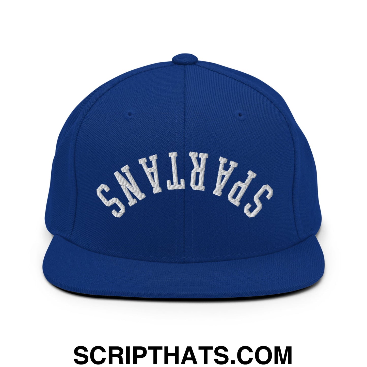 Royal blue snapback hat with white embroidered spartans lettering and flat bill brim in an arched design