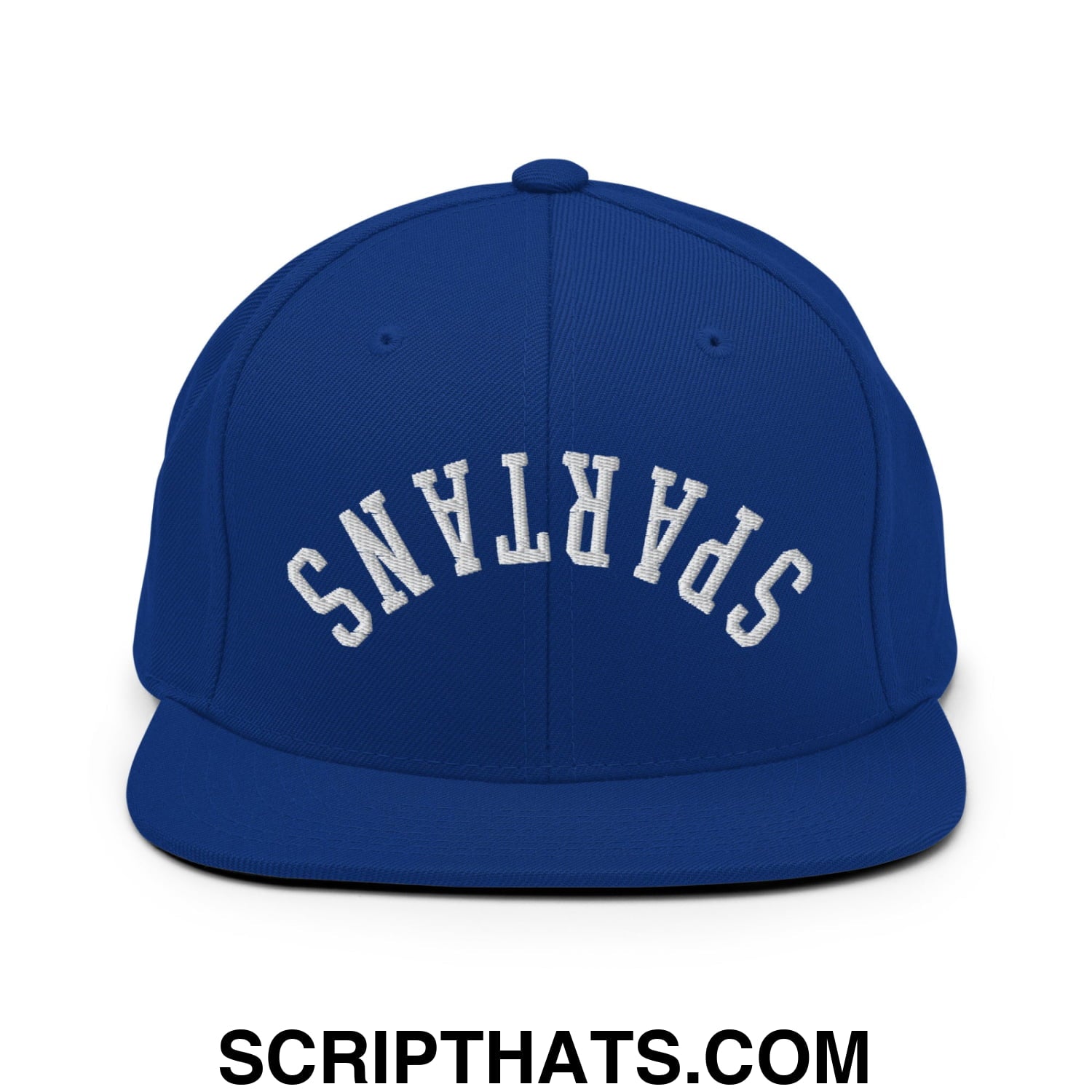 Royal blue snapback hat with white embroidered spartans lettering and flat bill brim in an arched design