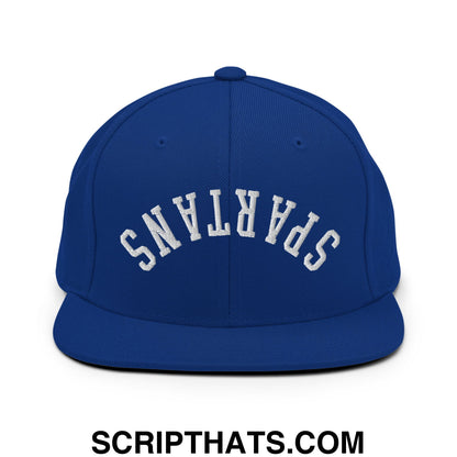 Royal blue snapback hat with white embroidered spartans lettering and flat bill brim in an arched design
