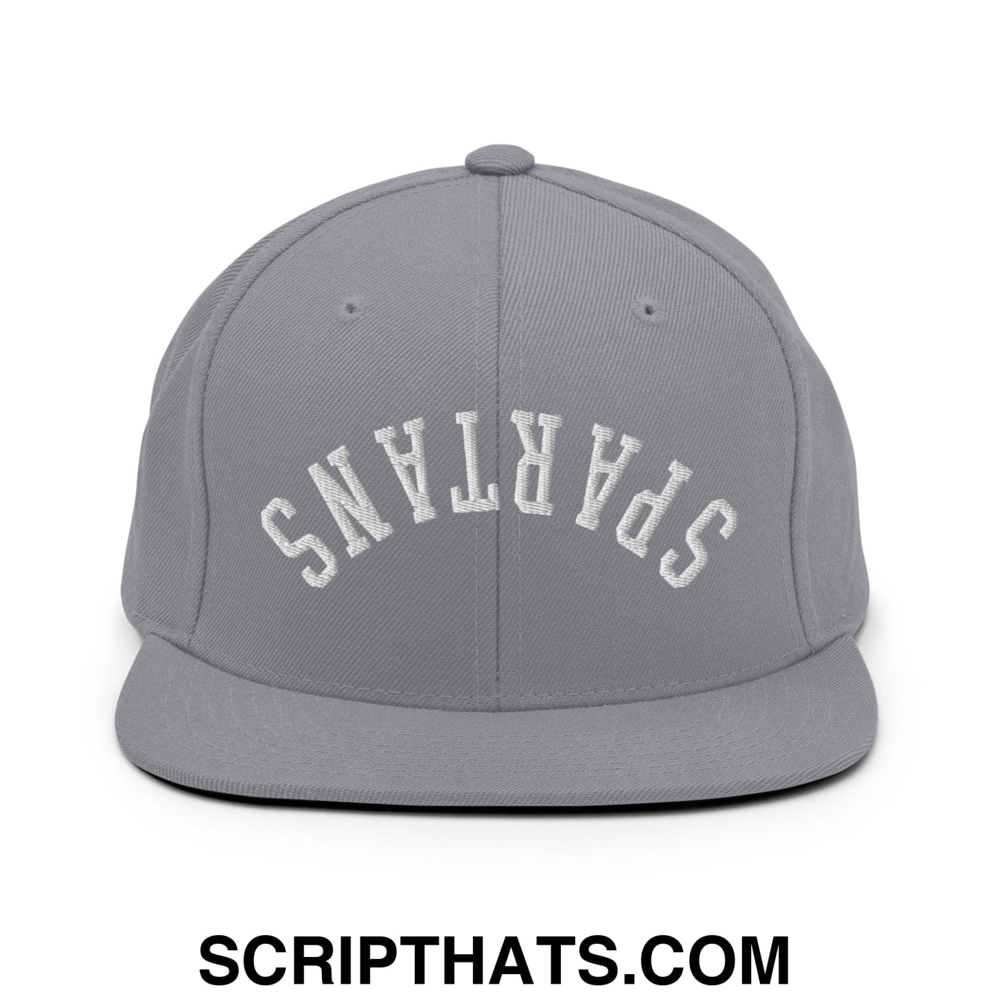 Gray snapback hat with white embroidered spartans lettering in an arched design and flat bill brim