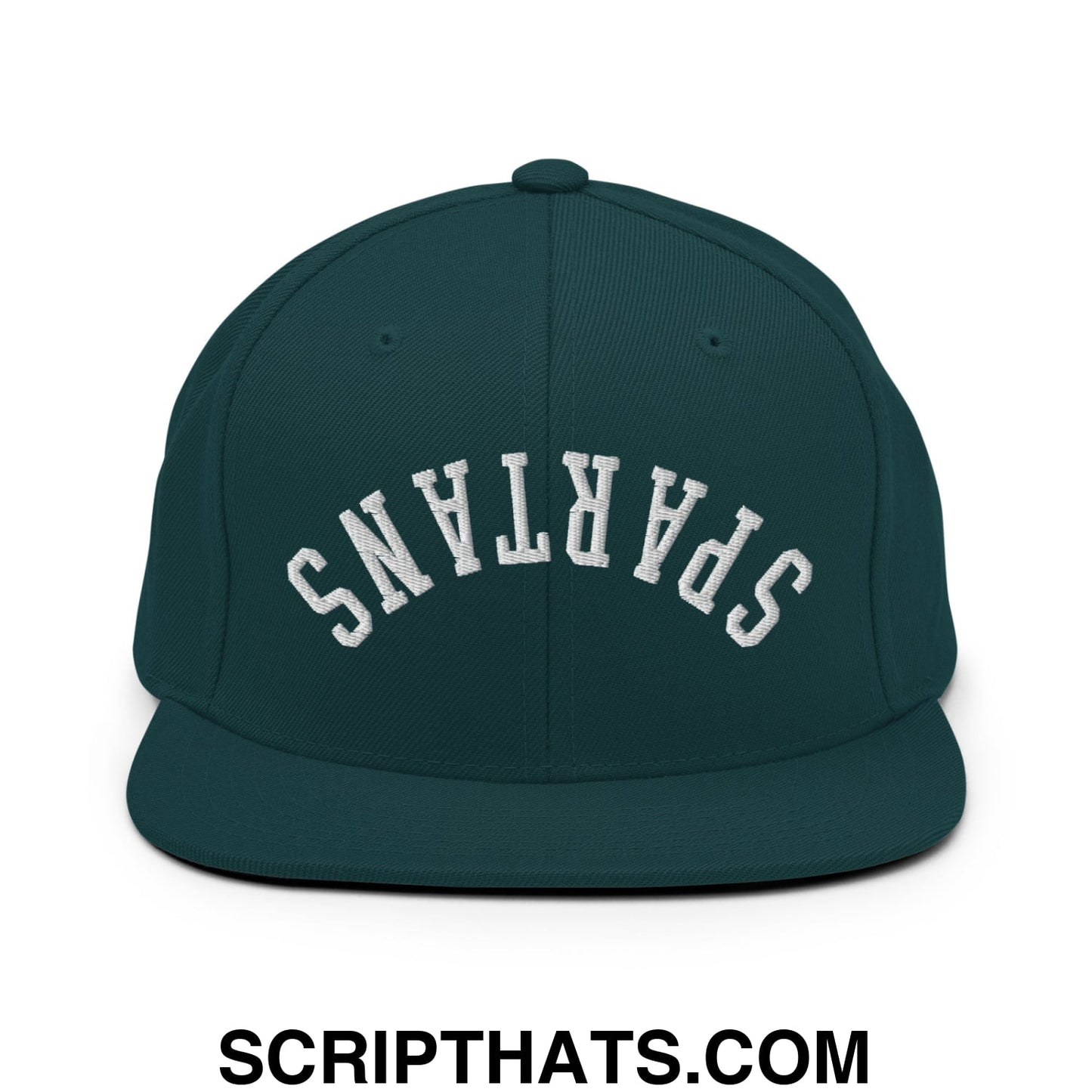 Dark green snapback hat with white embroidered spartans lettering and flat bill brim for casual wear