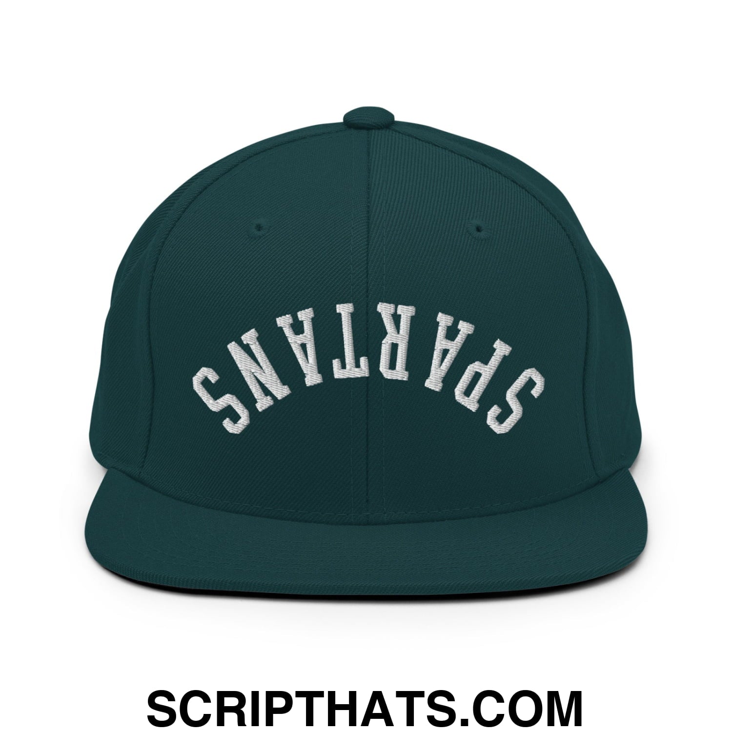 Dark green snapback hat with white embroidered spartans lettering and flat bill brim for casual wear