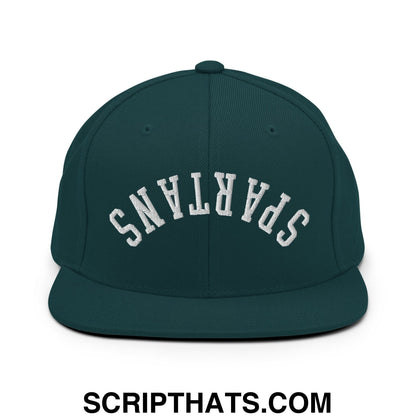 Dark green snapback hat with white embroidered spartans lettering and flat bill brim for casual wear