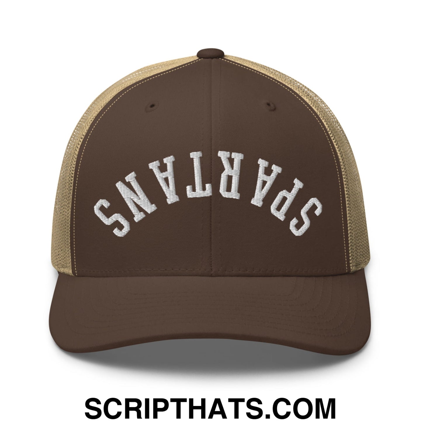 Brown and tan mesh trucker hat with spartans embroidered in white arched lettering on the front panel