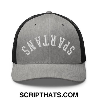 Gray and black mesh trucker hat with spartans embroidered in white arched lettering on front panel