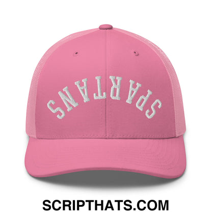 Pink mesh trucker hat with white embroidered spartans lettering featuring an upside down design