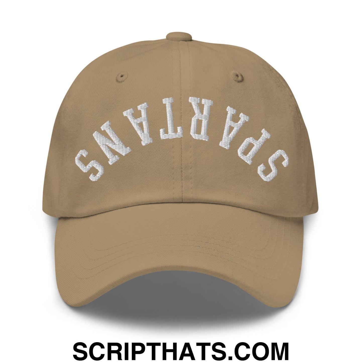 Tan unstructured dad hat with white embroidered spartans lettering in an arched design