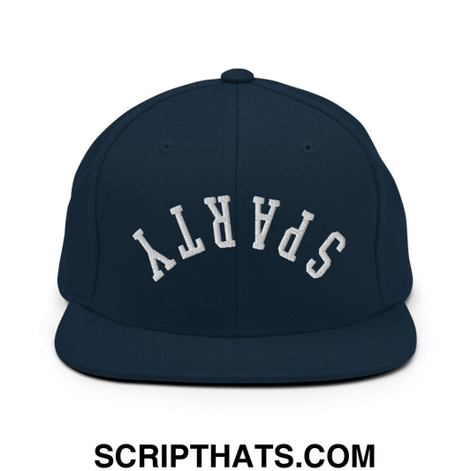Navy blue snapback hat with white embroidered sparty lettering and flat bill brim for casual wear