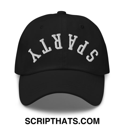 Black unstructured dad hat with white embroidered sparty lettering in an arched design upside down style