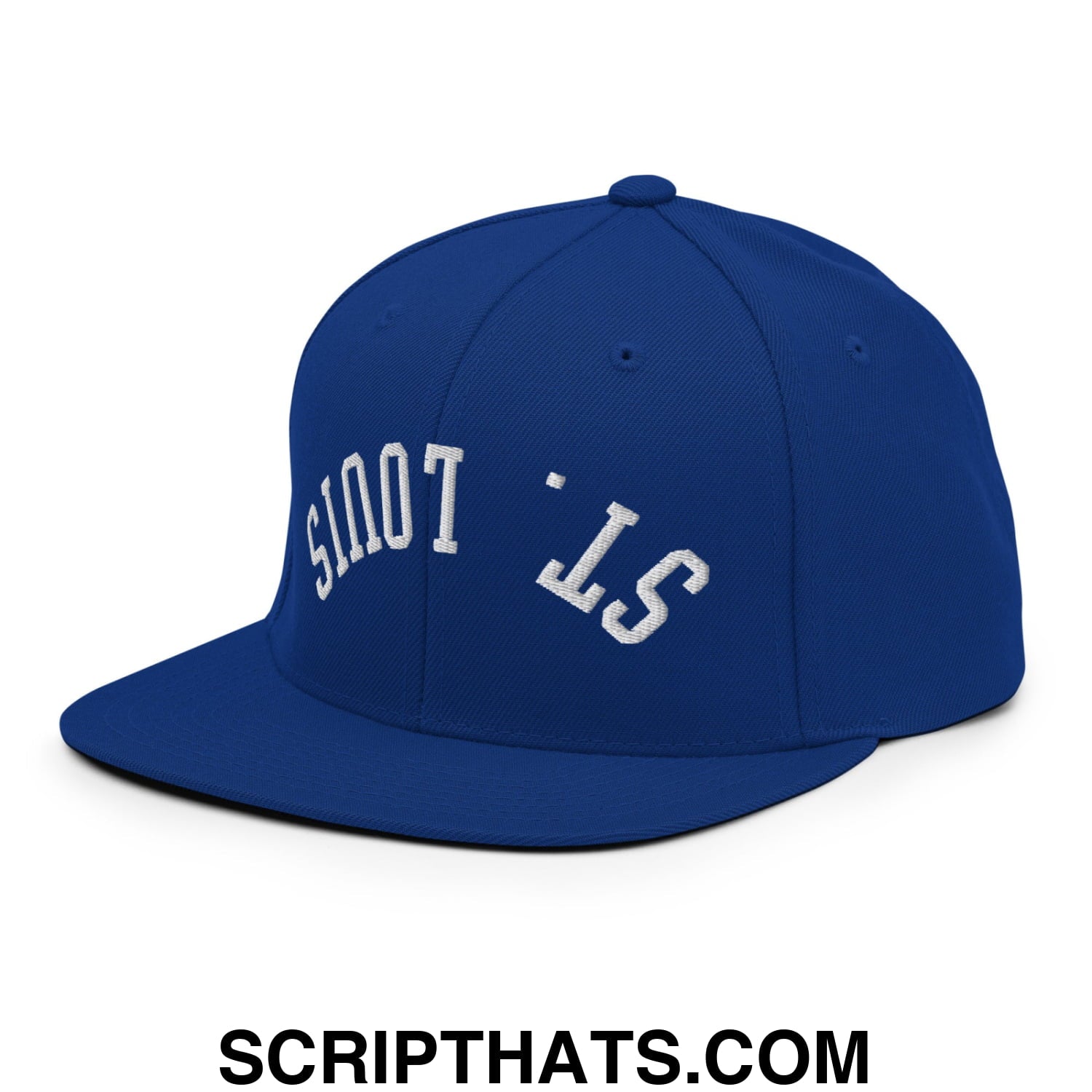 Royal blue snapback hat with white embroidered s.t logo and flat bill brim in upside down St Louis design
