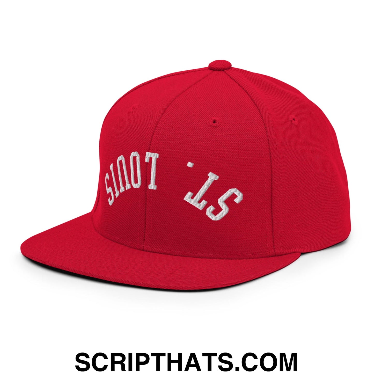 Red snapback cap with white embroidered st and a flat bill brim in a vibrant upside down st louis design