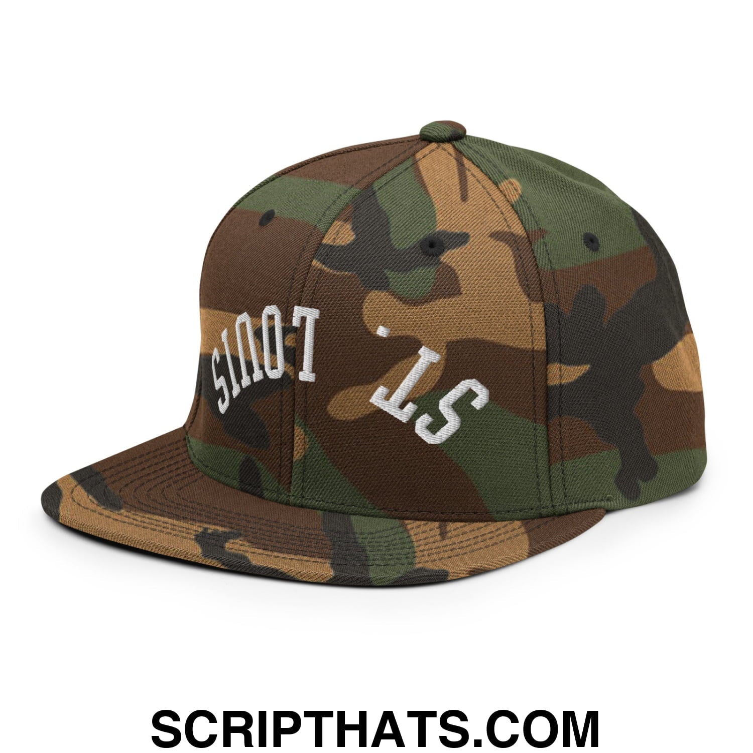 A camouflage snapback hat with white sinot is embroidery and a flat bill brim called upside down St Louis