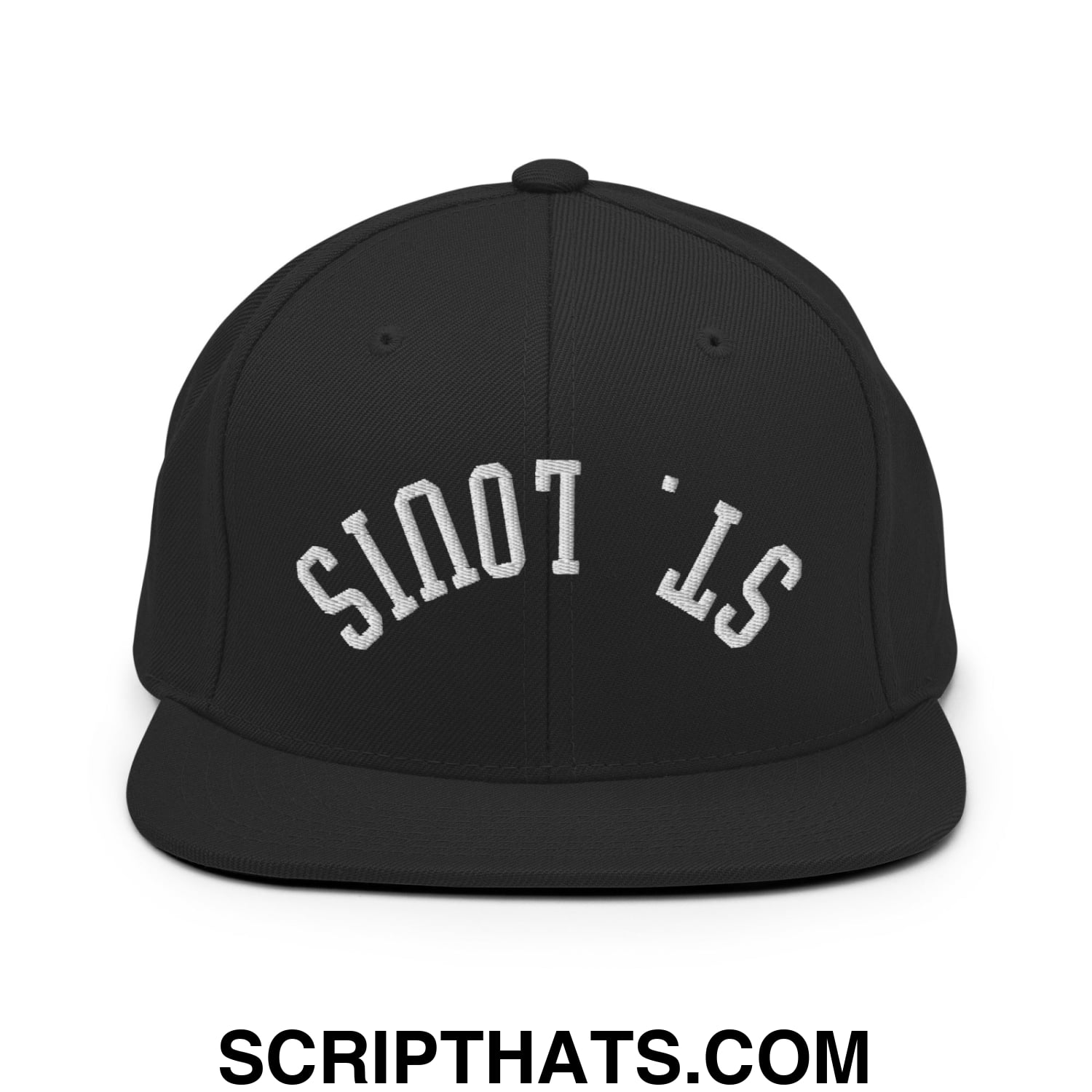 Black snapback cap with white embroidered st and a flat bill brim in an upside down st louis design
