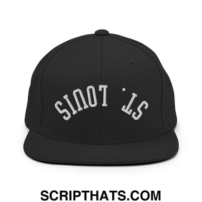 Black snapback cap with white embroidered st and a flat bill brim in an upside down st louis design