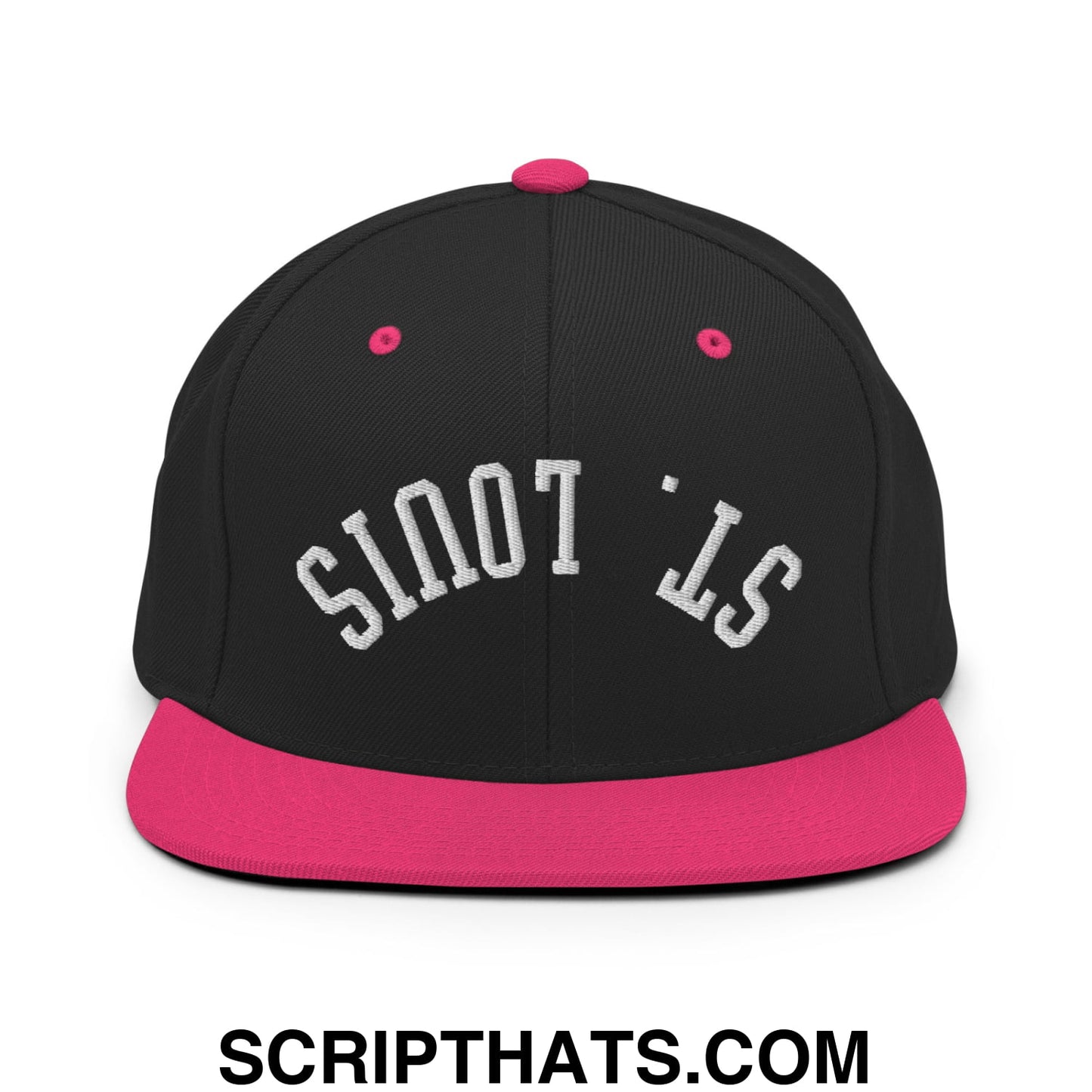 Black snapback cap with vibrant pink brim and button featuring upside down st louis embroidered flat bill design