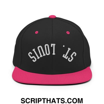 Black snapback cap with vibrant pink brim and button featuring upside down st louis embroidered flat bill design