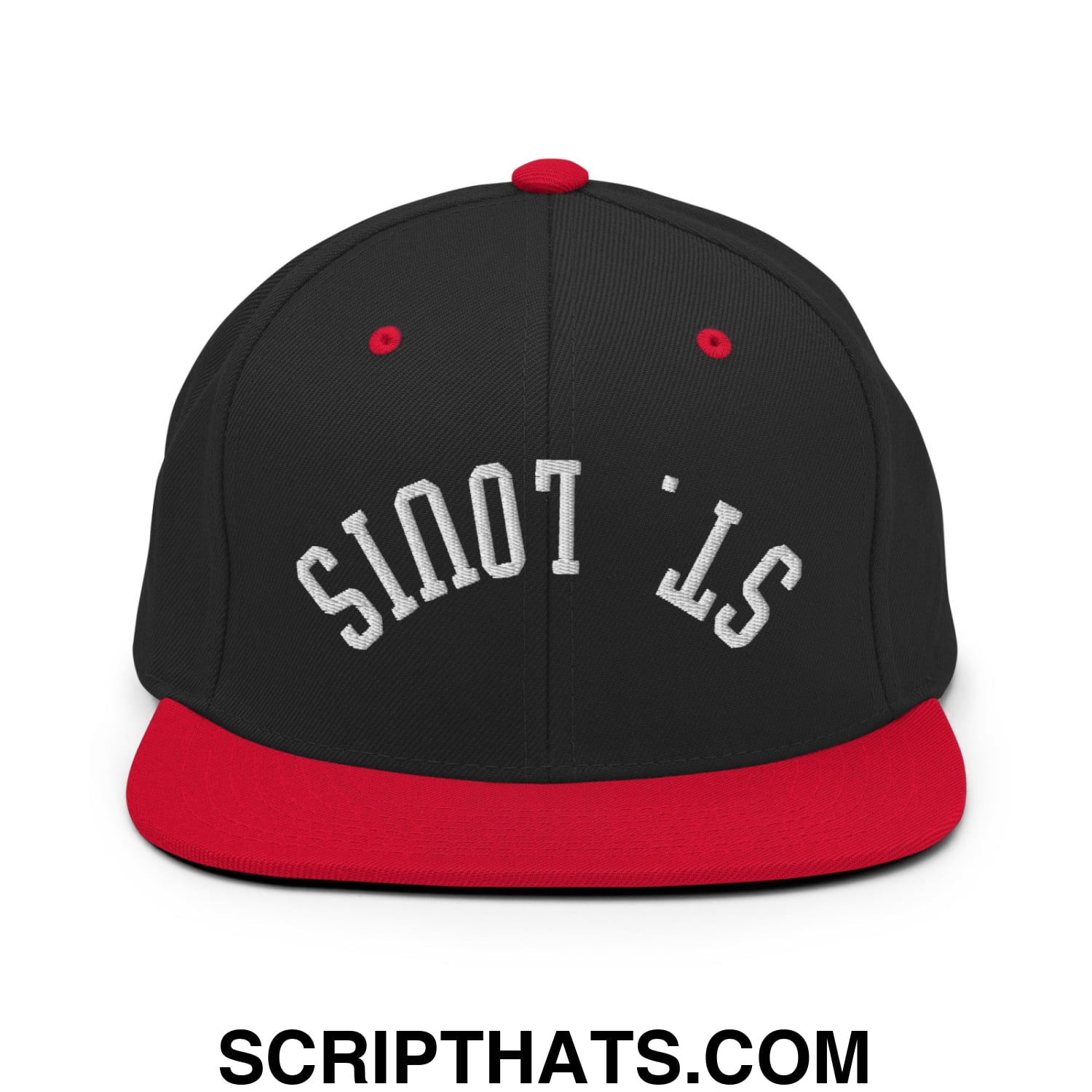 Black and red snapback cap with white embroidered st flat bill brim for casual streetwear use
