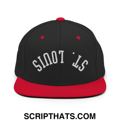 Black and red snapback cap with white embroidered st flat bill brim for casual streetwear use