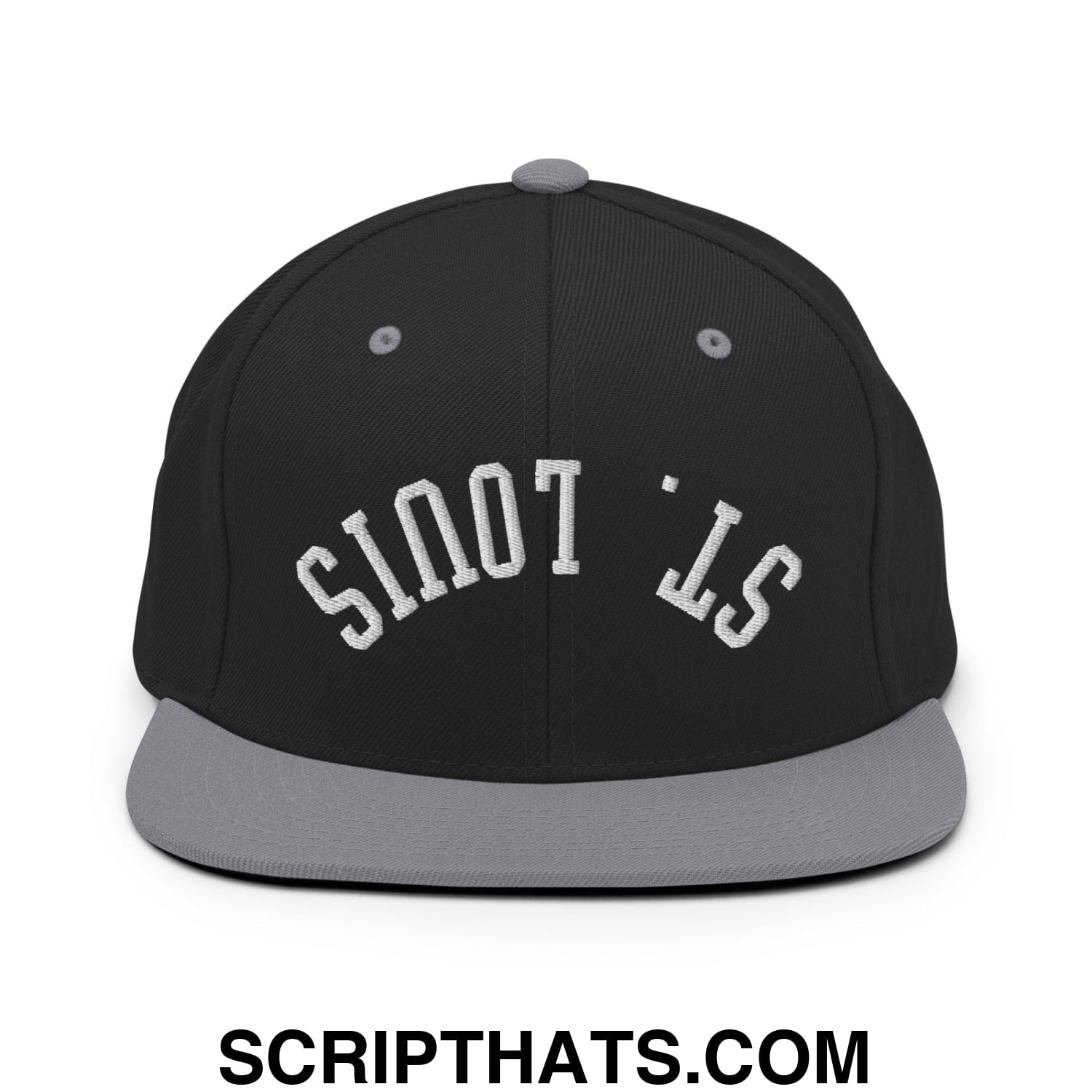 Black snapback cap with gray brim and white embroidered st designed as an upside down st louis flat bill hat