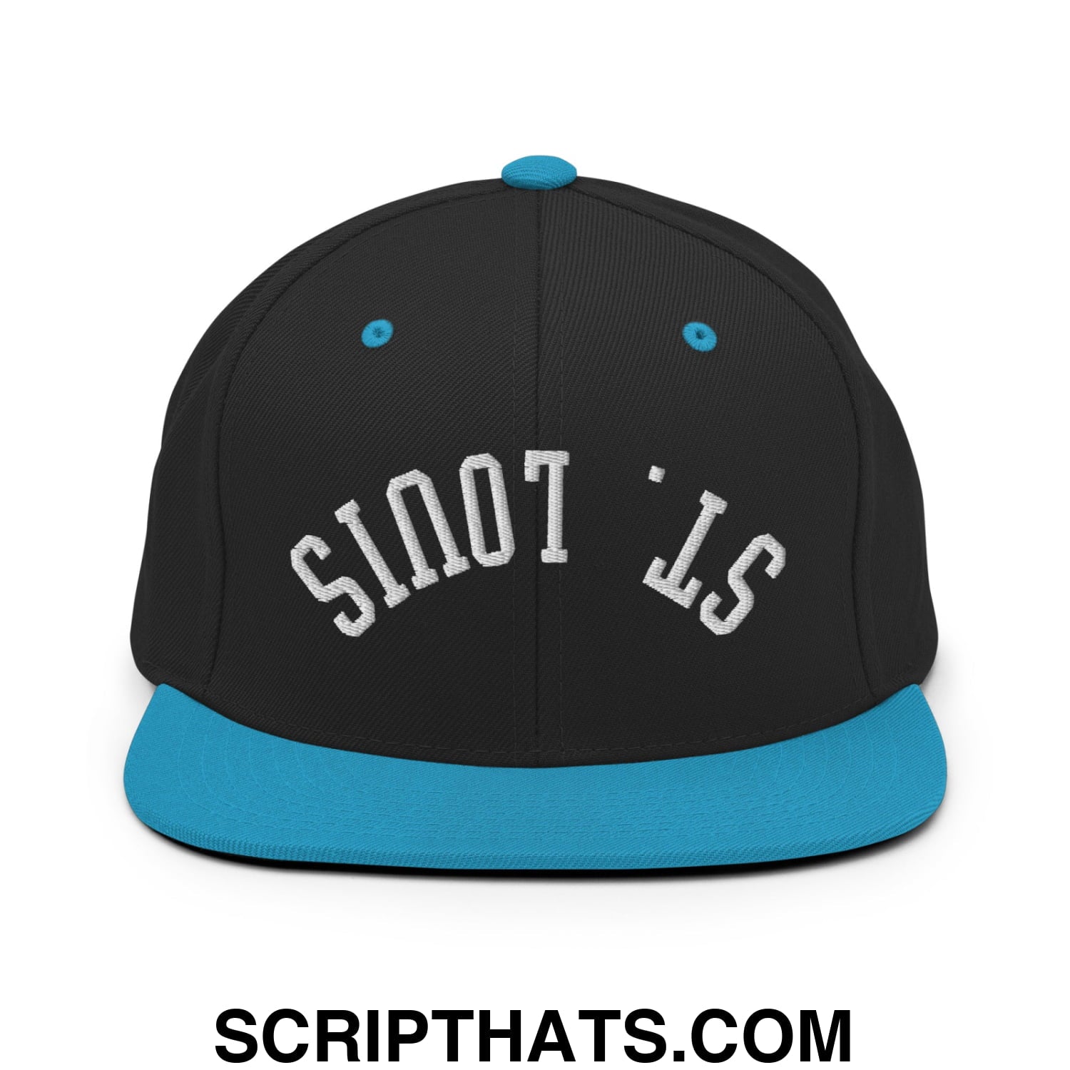 Black snapback cap with teal flat bill brim and button featuring upside down st louis embroidered design