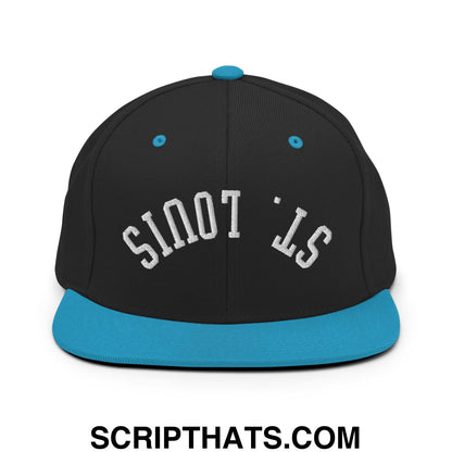 Black snapback cap with teal flat bill brim and button featuring upside down st louis embroidered design