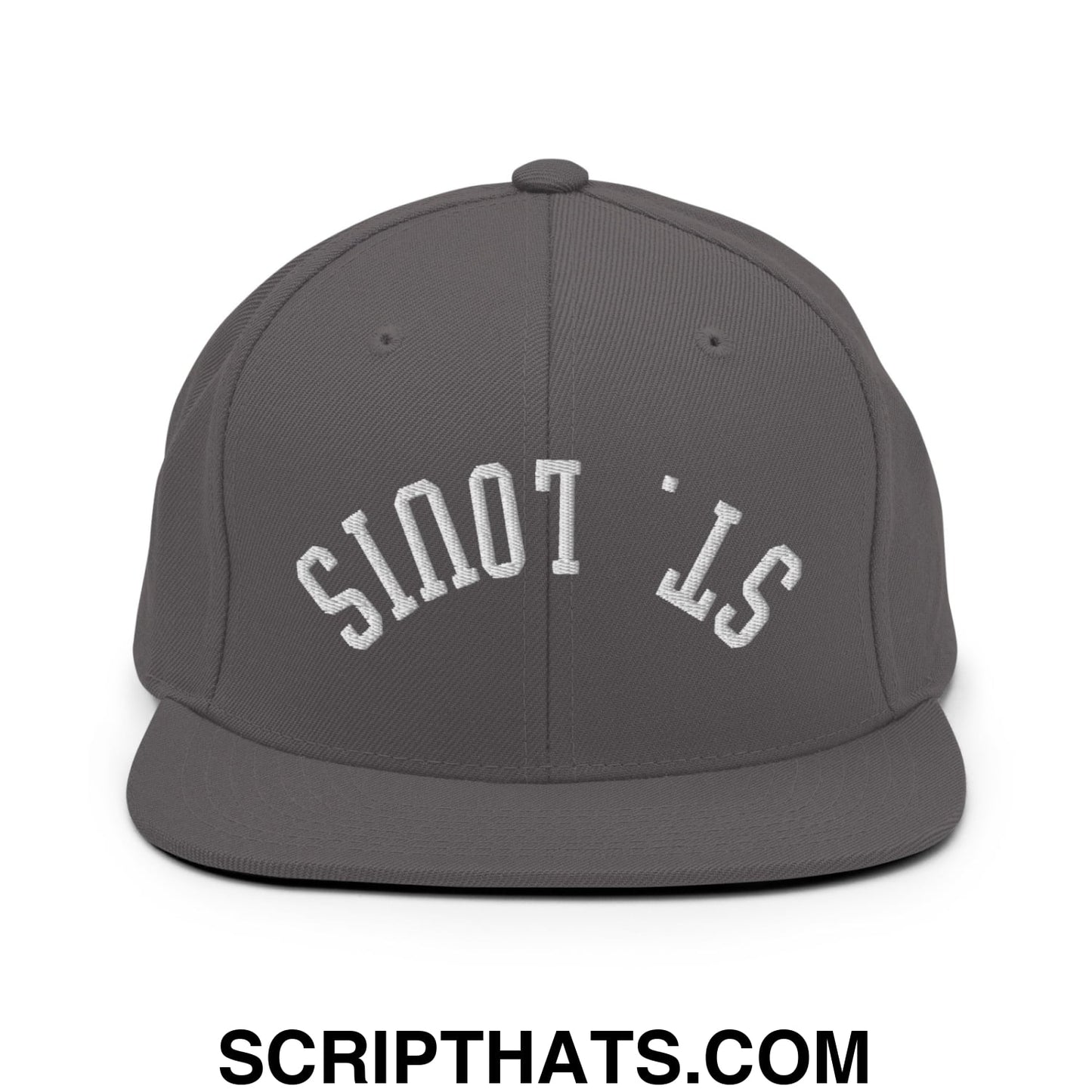 Gray snapback hat with white embroidered st and flat bill brim in upside down st louis design