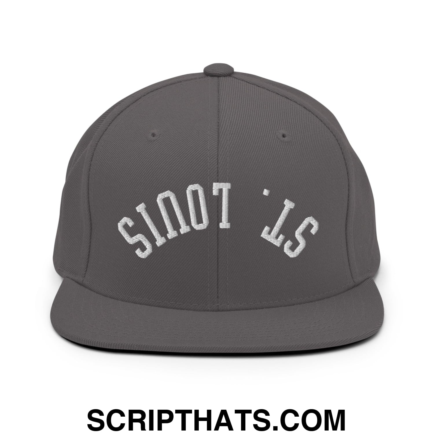 Gray snapback hat with white embroidered st and flat bill brim in upside down st louis design